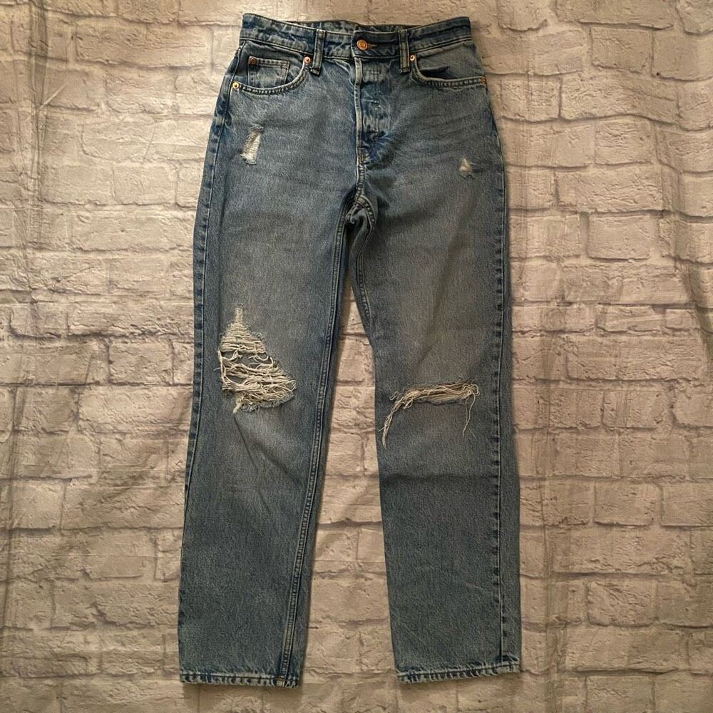 &Denim women 2 high waist 90s boyfriend ripped distressed blue jeans